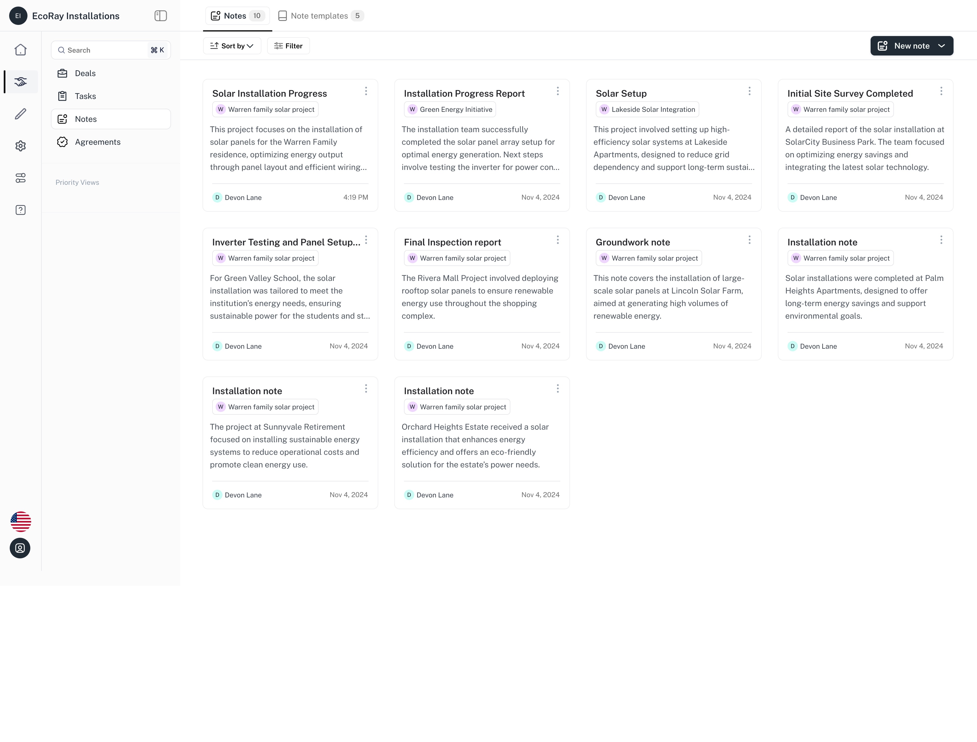 Notes live on the deals themselves: tagged to the project they belong to, with who wrote them and when.