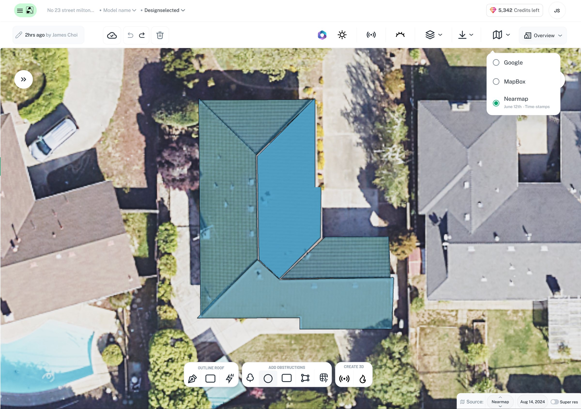 The roof traced by hand, obstructions marked, and the imagery source chosen — Google, MapBox or Nearmap — because coverage and recency differ by address.