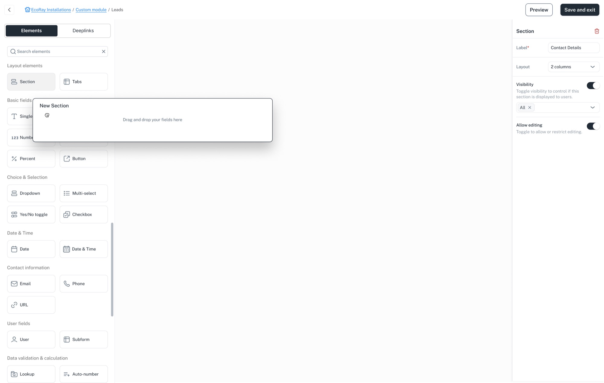 A new section mid-drag, with the drop target labelled “drag and drop your fields here”.