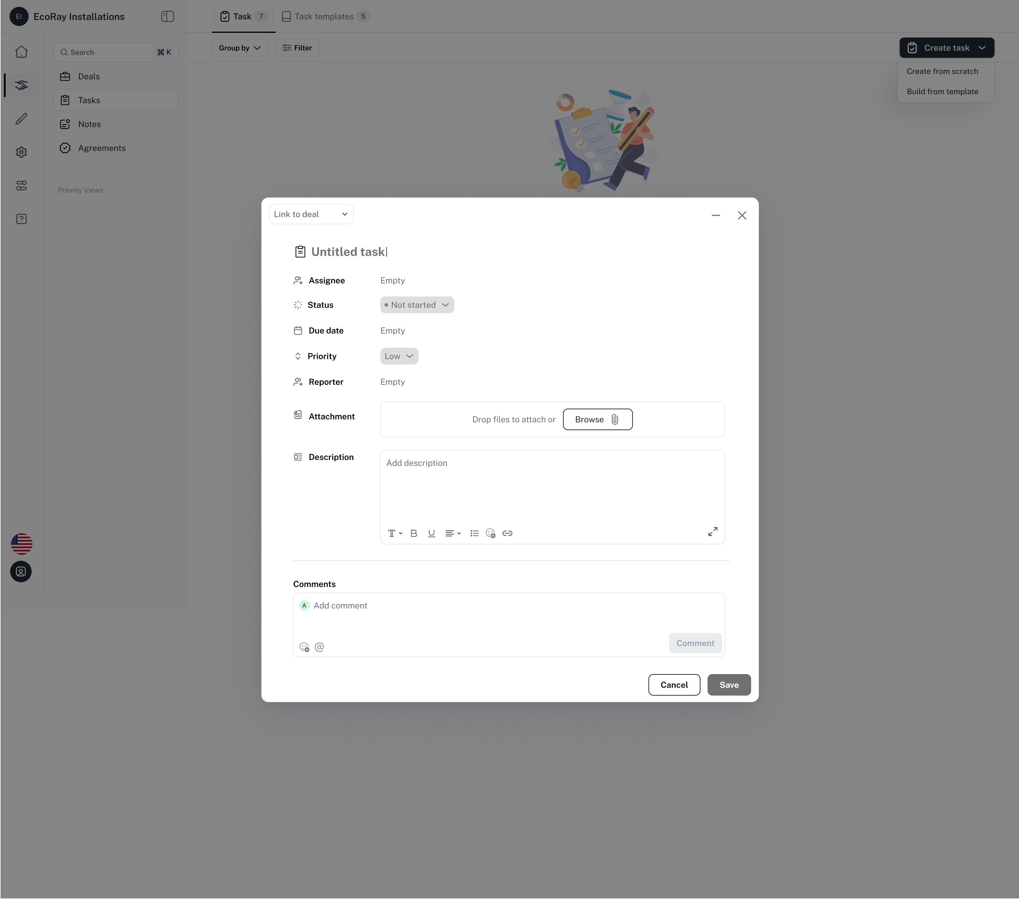 Assignee, status, due date, priority and reporter all empty. Status starts at Not started, priority at Low.