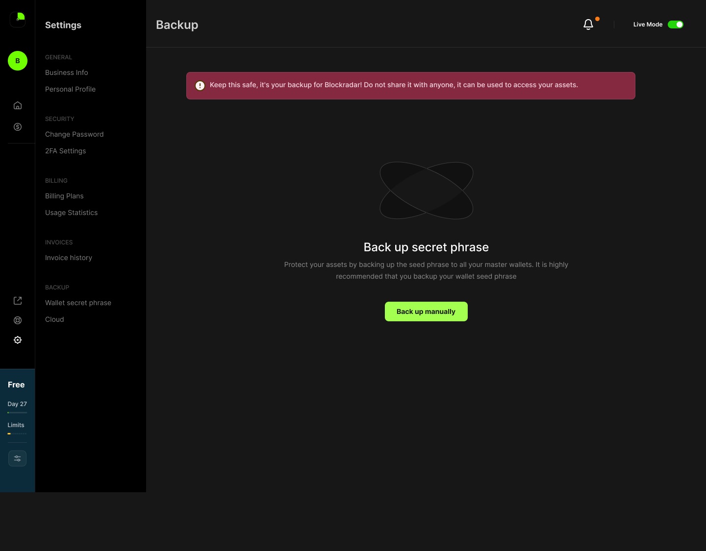 The backup page opens on the warning, before you reach the action.