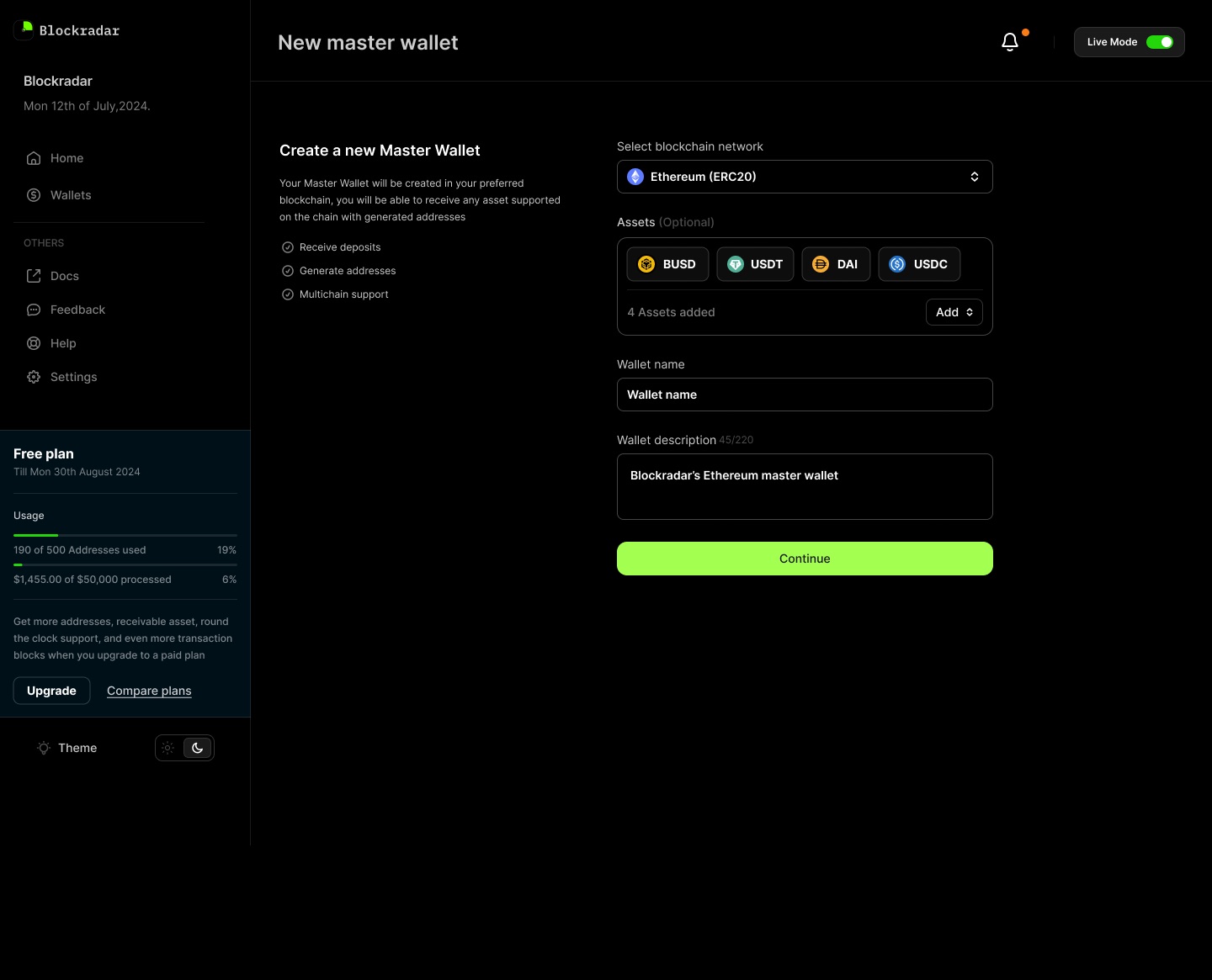 Every field answered, four assets attached, and Continue is now enabled.