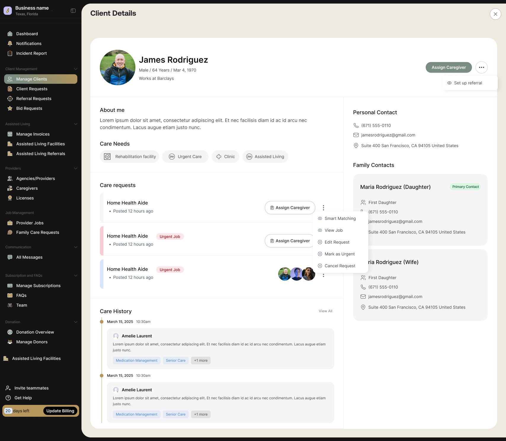 Care needs, open requests with their urgency, and the family contacts attached to them.