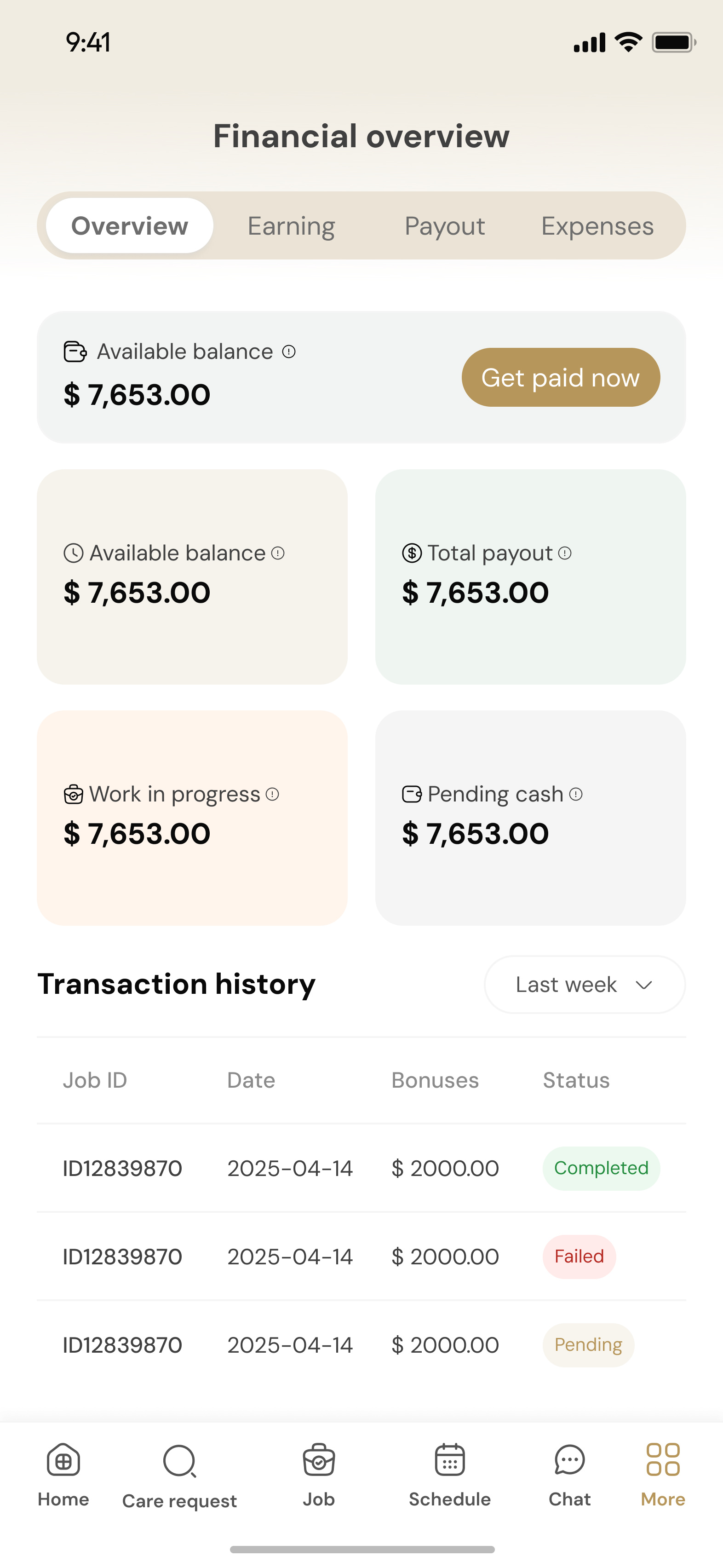Available balance, work in progress and pending cash, then the transaction history carrying its own states: completed, failed, pending.