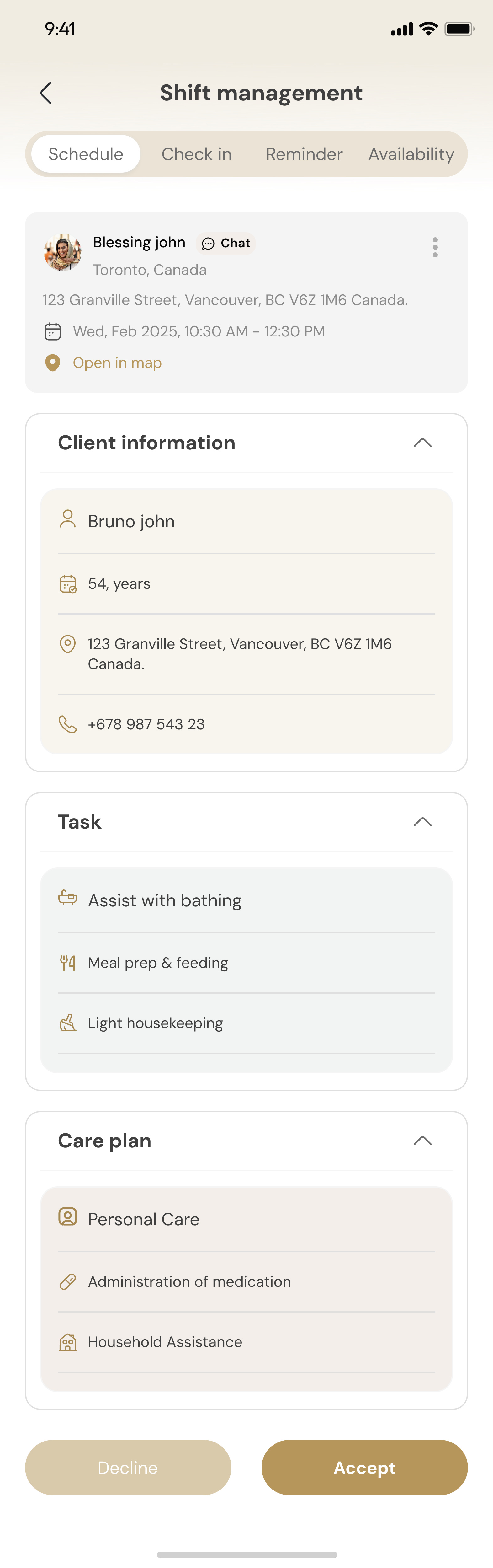 The shift opened: who it is for, where, the tasks, the care plan, and decline or accept at the end.