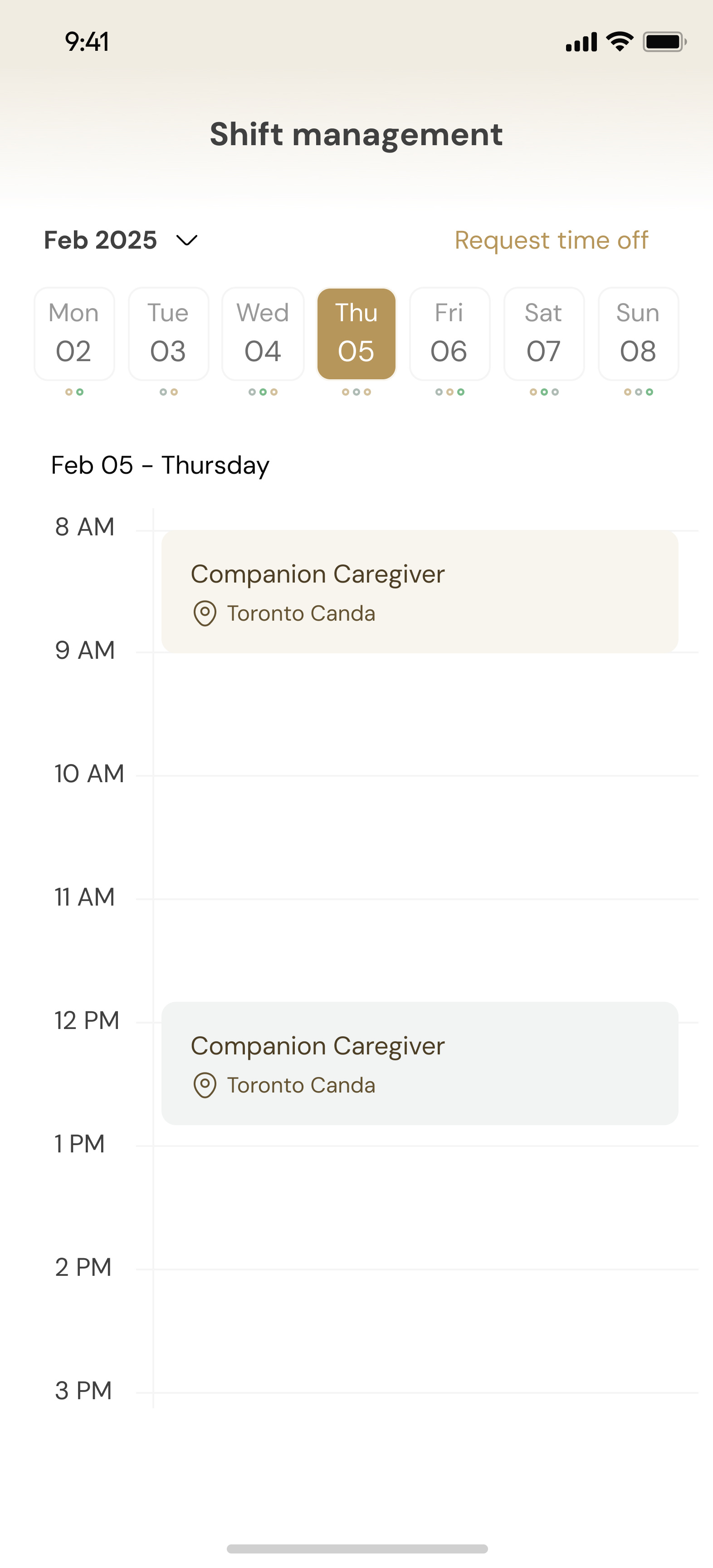 Shifts laid on a week, each one placed at the hour it runs, with request time off in the corner.