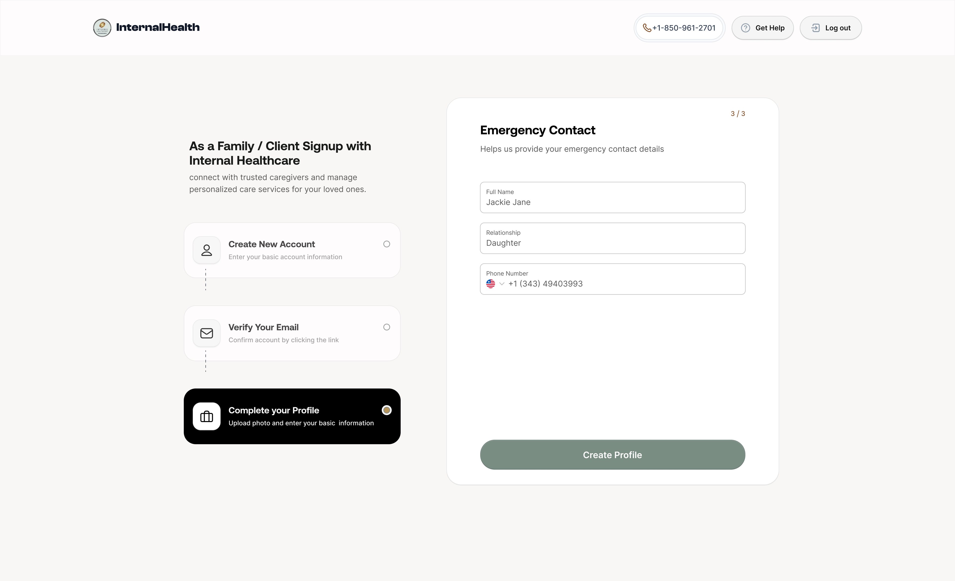 Sign-up is three steps, with the last one asking for a single emergency contact.