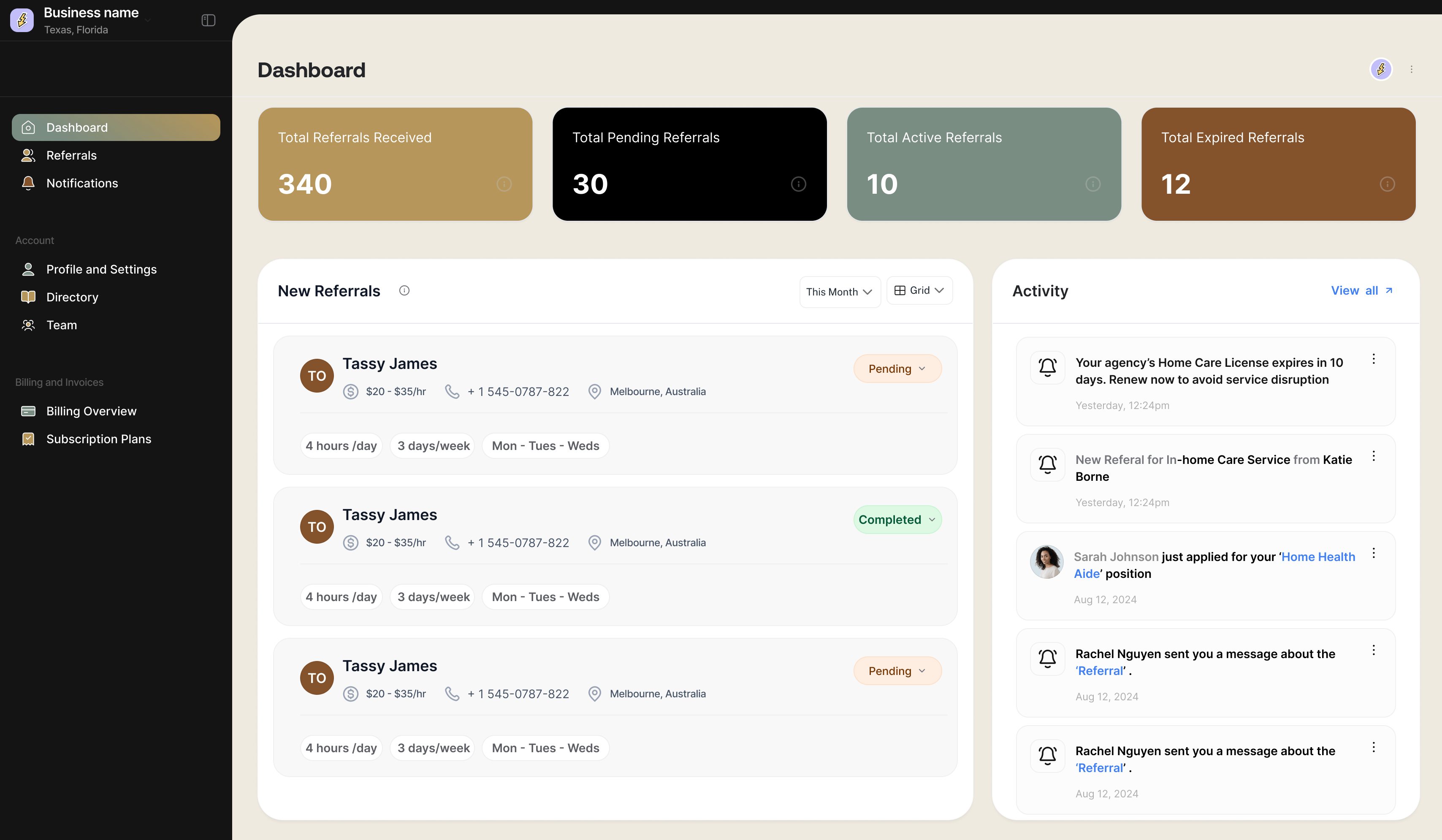 Referrals received, pending, active and expired across the top, with the new ones listed underneath and the activity feed beside them.