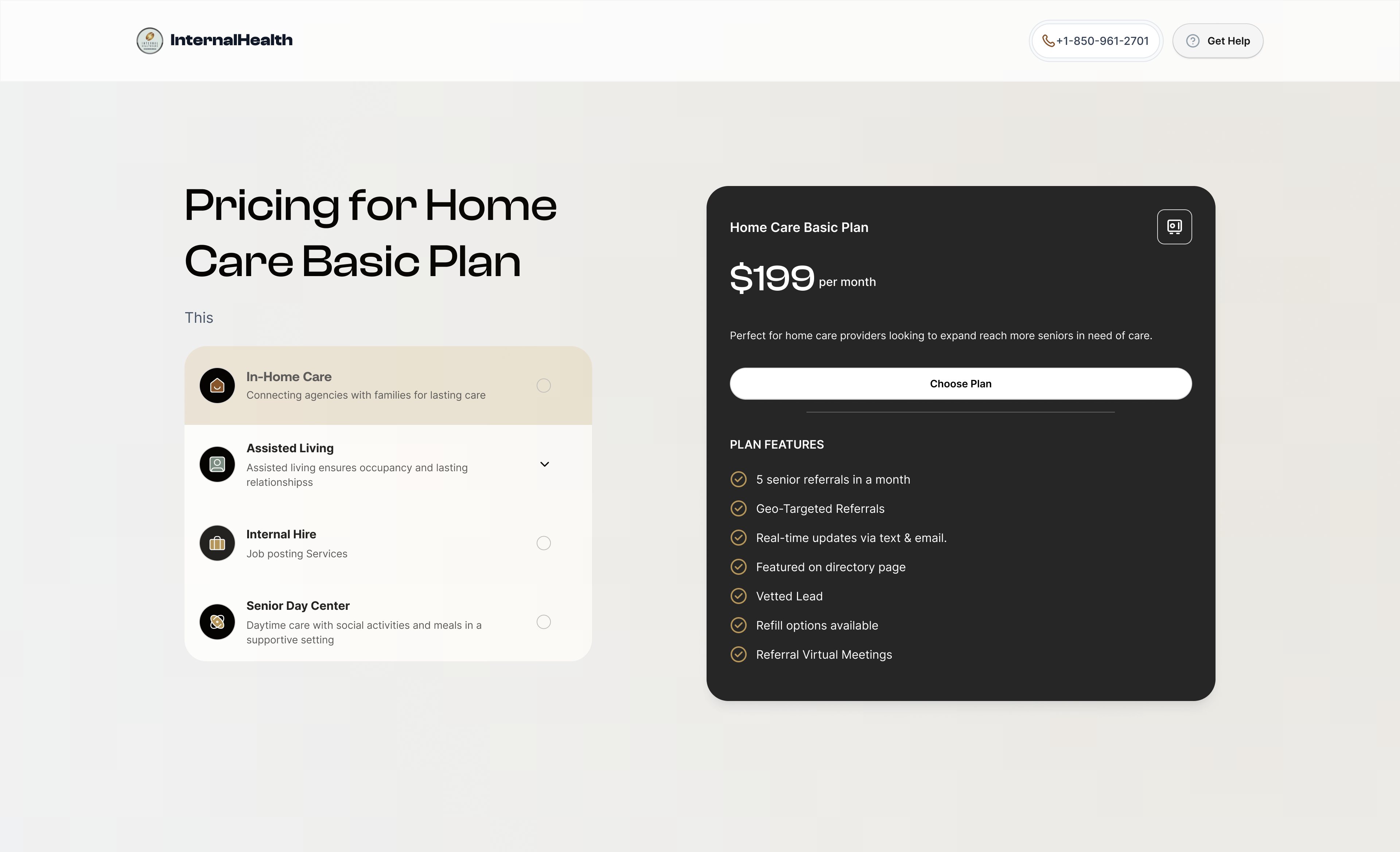 Plans priced per month against what an agency gets: five senior referrals, geo-targeted referrals, text and email updates, a spot on the directory page.