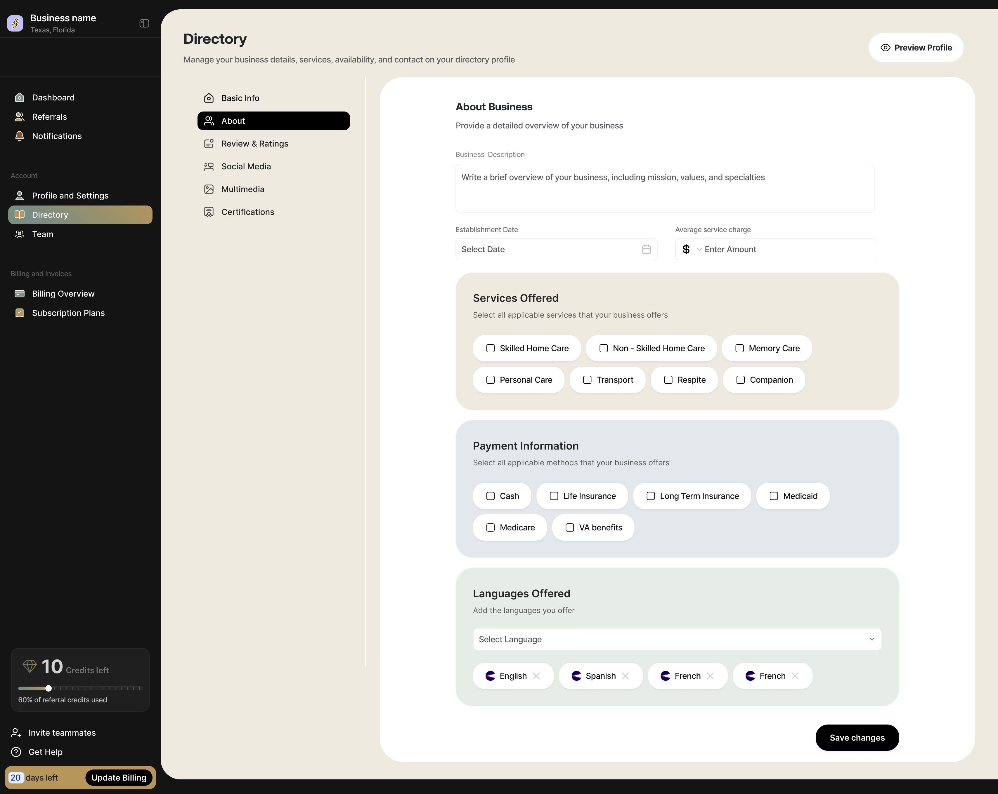 Services offered, payment methods accepted and languages spoken, all picked as tags. These are what the directory filters on.