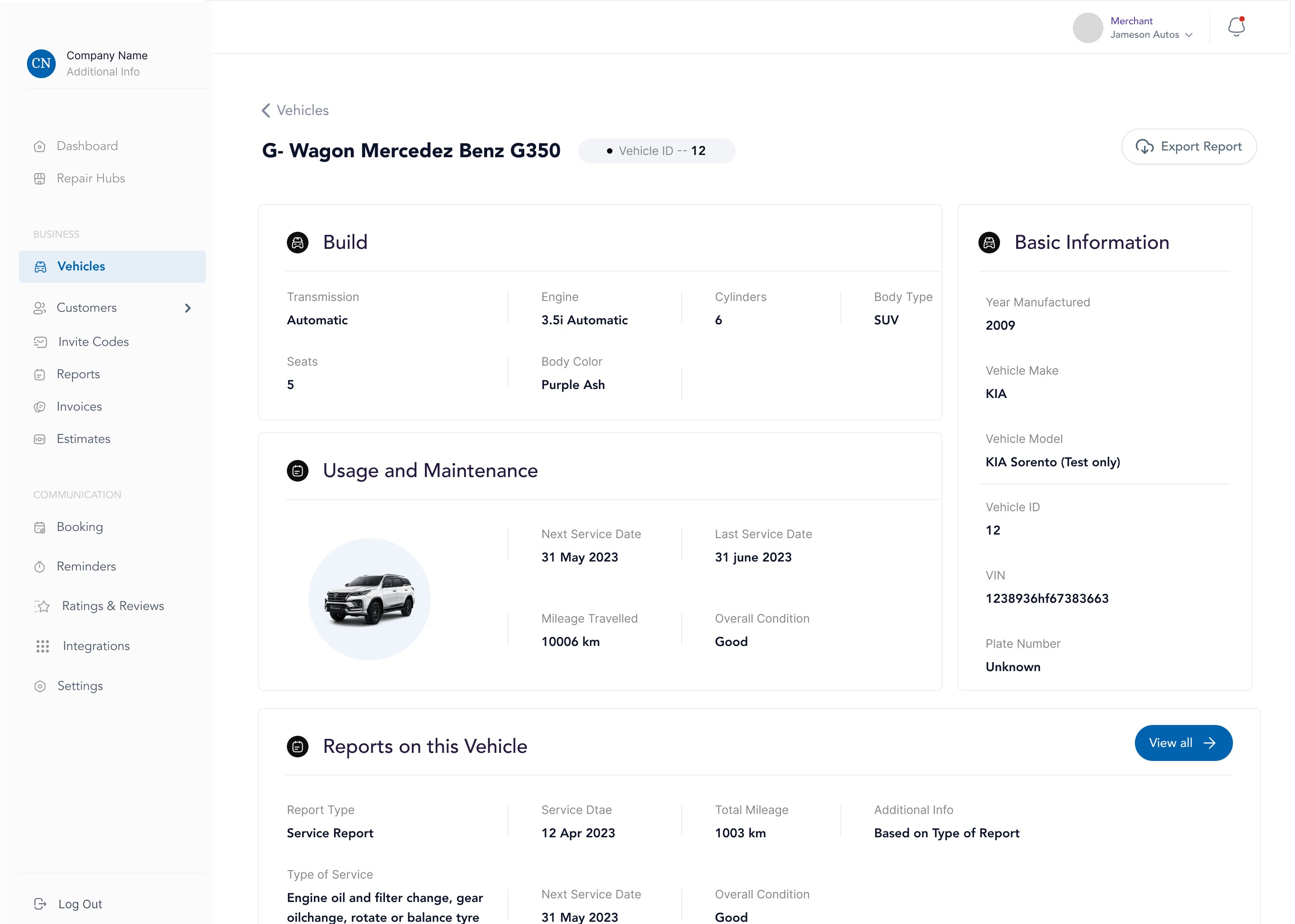 A vehicle record: build, condition, and every report filed against it