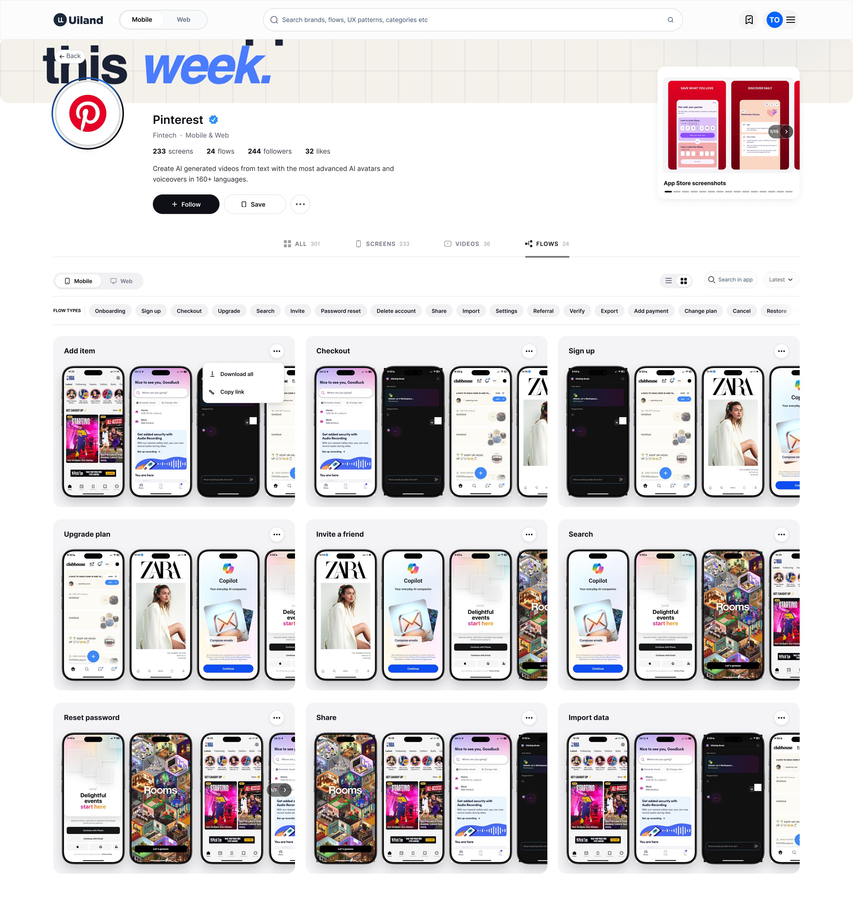 One product’s whole profile: Pinterest with 233 screens, 24 flows, 244 followers, and every flow it ships listed by name (Add item, Checkout, Sign up, Upgrade plan, Invite a friend, Search, Reset password, Share, Import data), each one a strip you can step through, with Download all and Copy link on any of them.